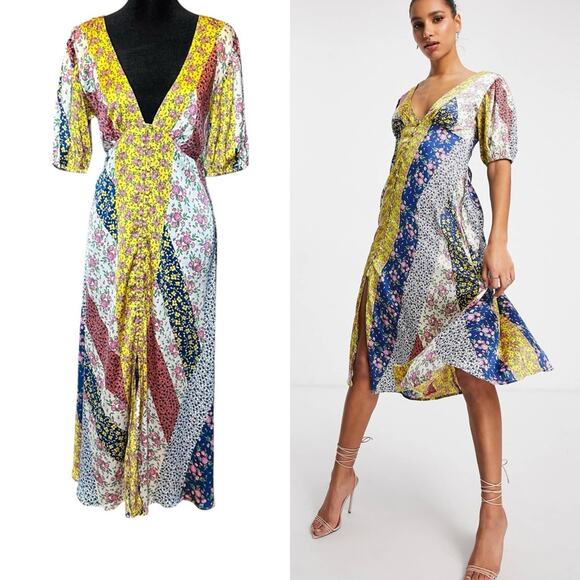 ASOS Floral Patchwork Midi Dress Button Satin Cottagecore Coquette Romantic 6 - Picture 16 of 16